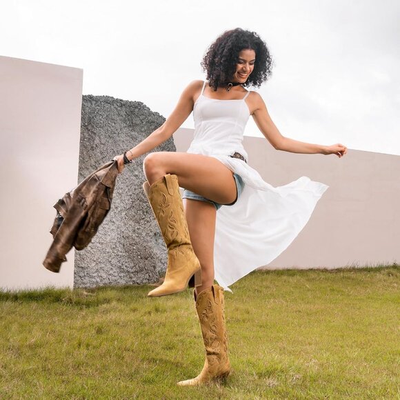 ⚡Women's Suede Brown Faux Leather Western Boots Pull On Tab Chunky Heel Design - Picture 6 of 7